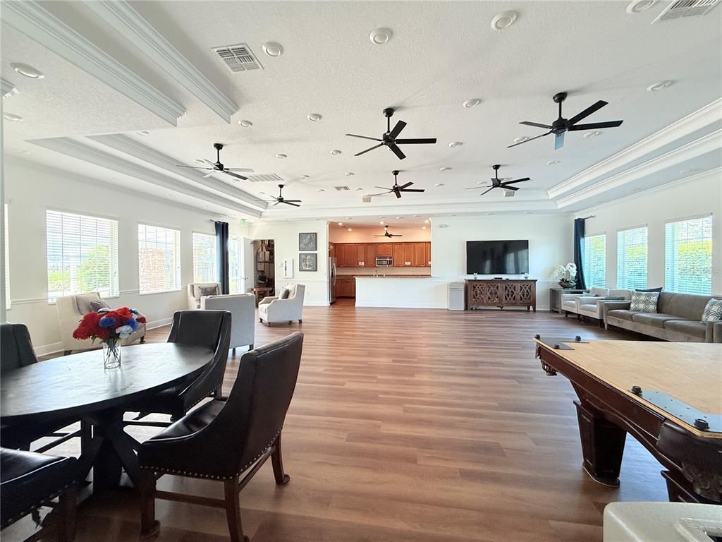Billiard Table, Dining room, Interior, Living room, Recessed Lighting, Wood Texture Flooring