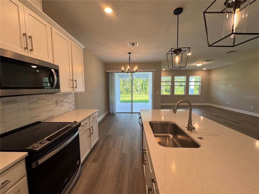 Chandelier, Interior, Kitchen, Pendant Lights, Recessed Lighting, Wood Texture Flooring