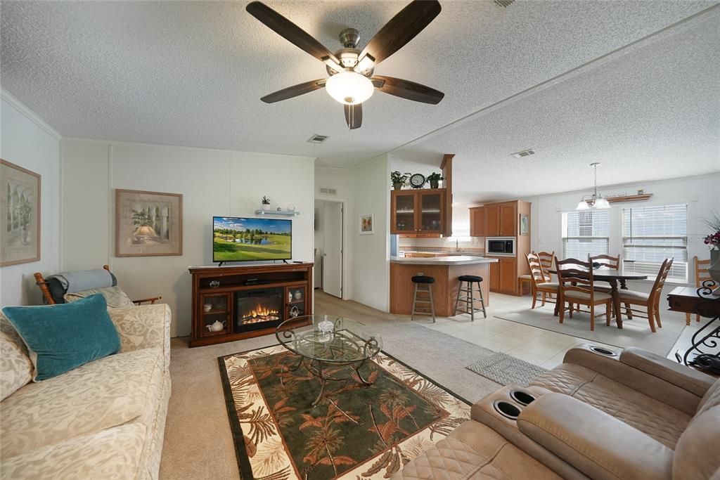 Dining room, Fireplace, Interior, Kitchen, Living room, Pendant Lights