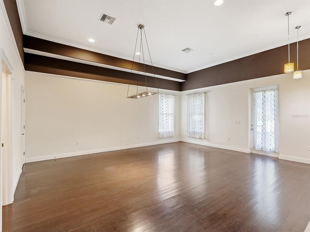 Empty room, Interior, Pendant Lights, Recessed Lighting, Wood Texture Flooring