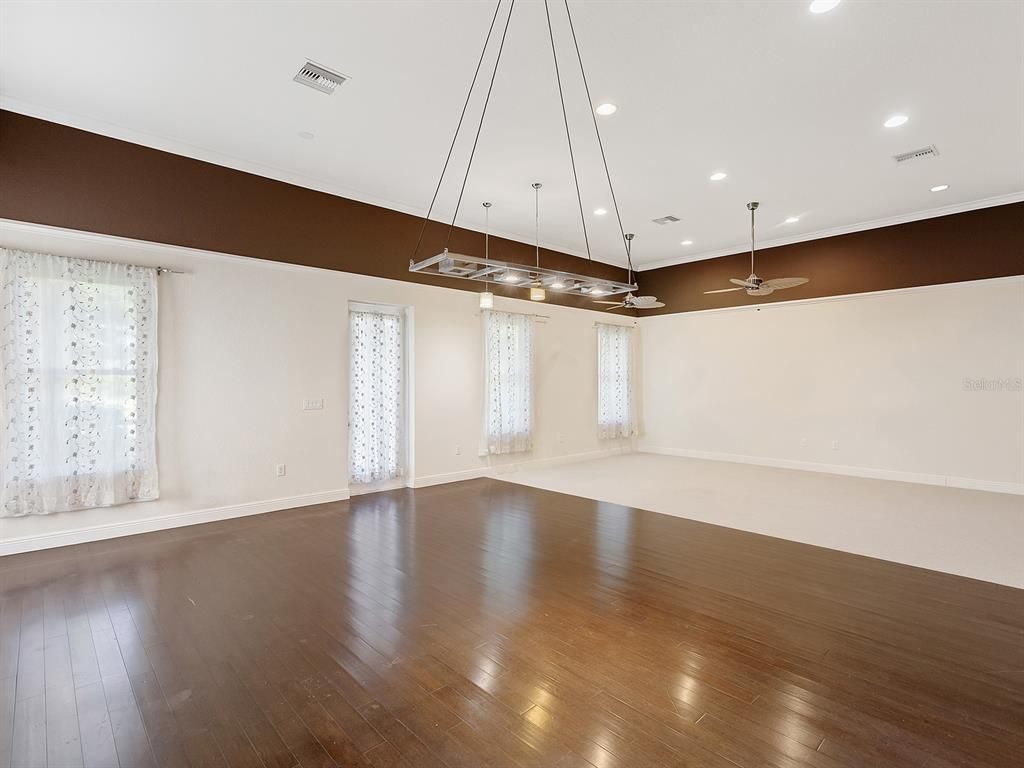 Empty room, Interior, Pendant Lights, Recessed Lighting, Wood Texture Flooring