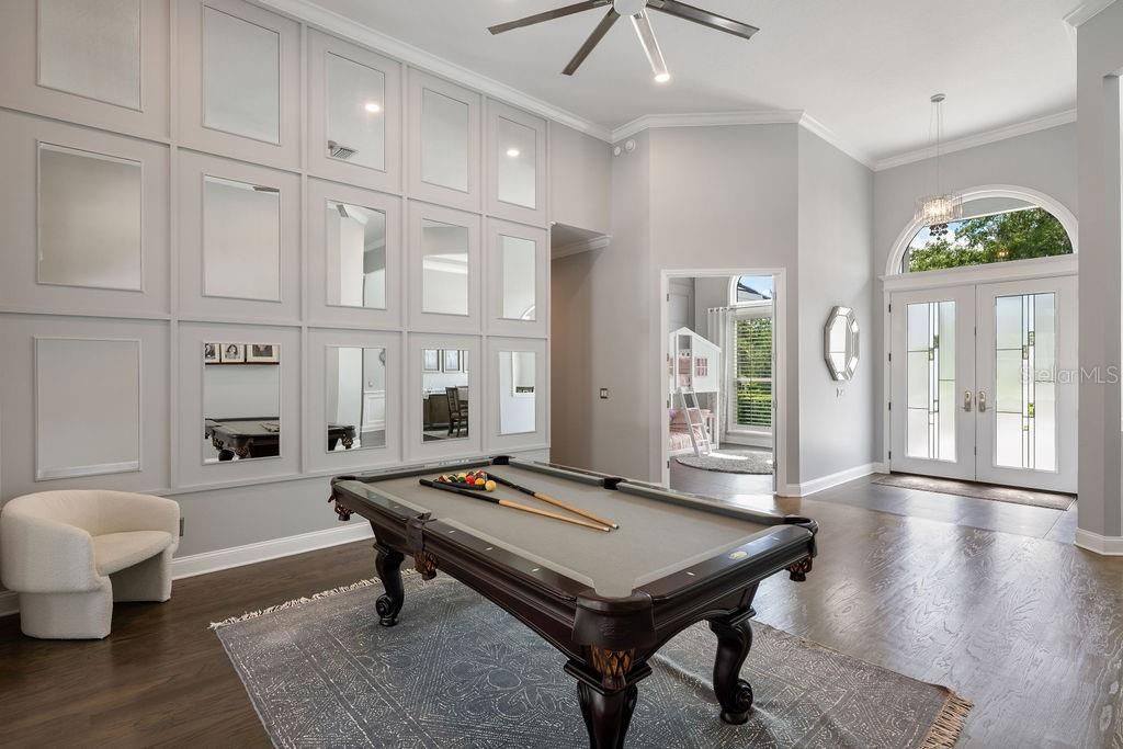 Billiard Table, Game Room, Interior, Pendant Lights, Wood Texture Flooring