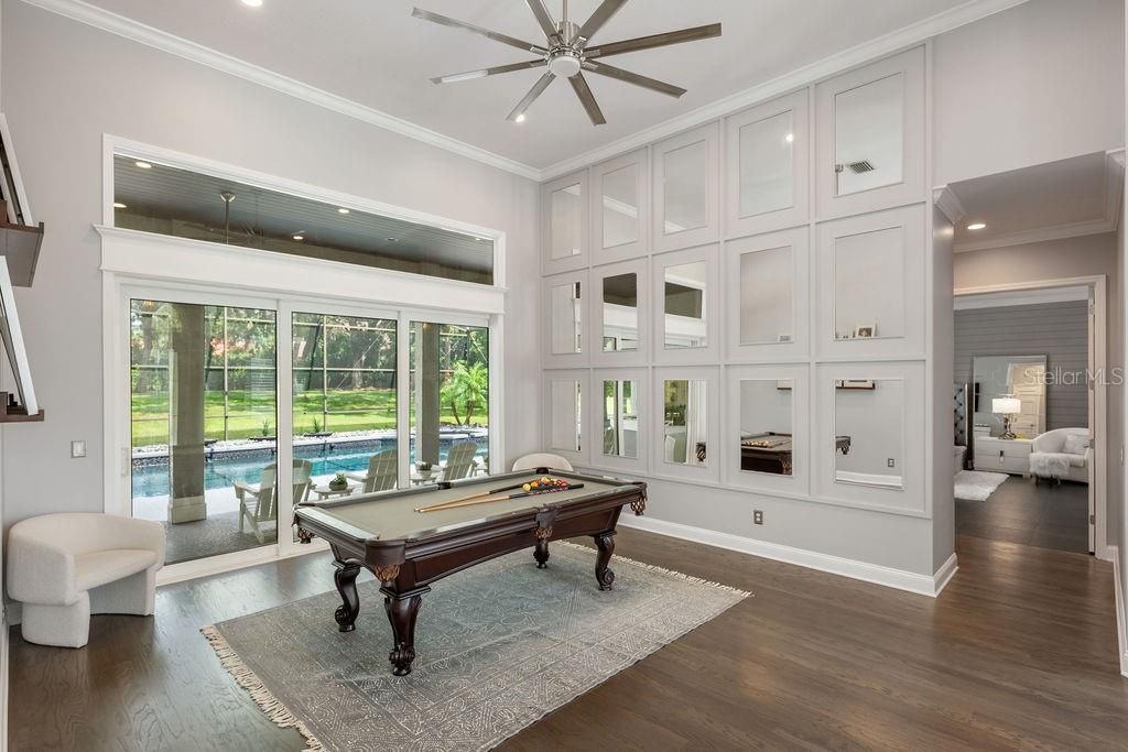 Billiard Table, Game Room, Interior, Recessed Lighting, Wood Texture Flooring