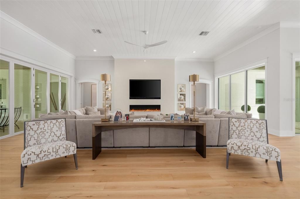 Fireplace, Interior, Living room, Recessed Lighting, Wood Texture Flooring