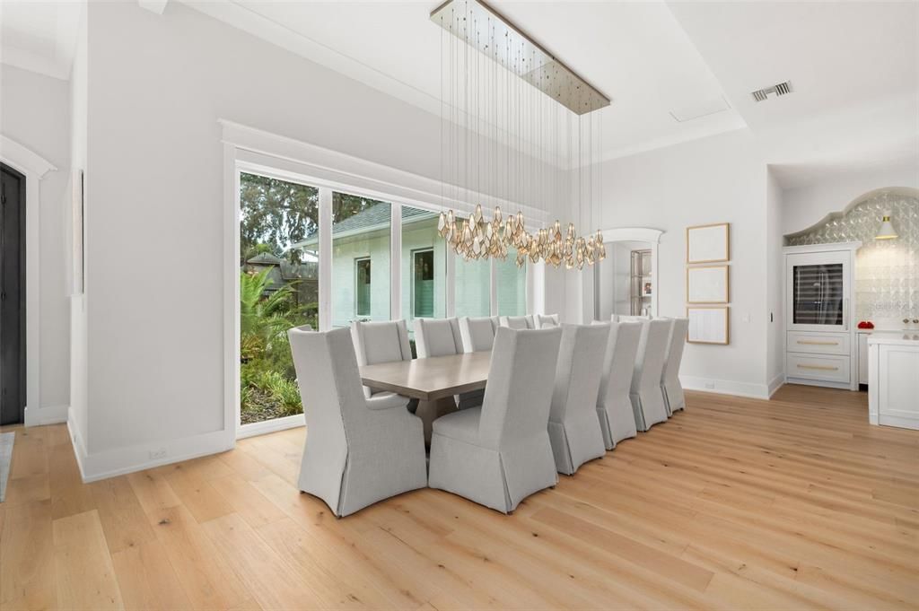 Chandelier, Dining room, Interior, Pendant Lights, Wood Texture Flooring