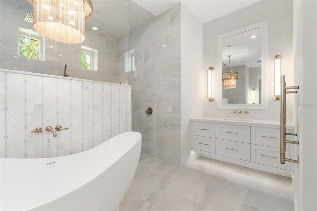 Bathroom, Chandelier, Free Standing Baths, Interior, Marble, Marble Walls, Recessed Lighting