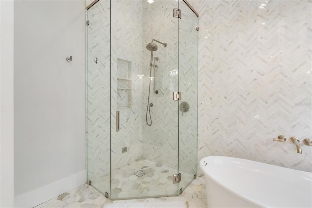 Bathroom, Free Standing Baths, Glass Shower, Interior, Marble, Marble Walls