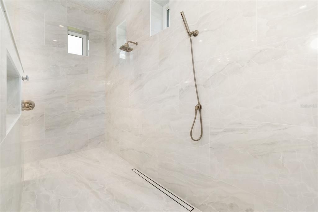 Bathroom, Glass Shower, Interior, Marble Walls, Recessed Lighting