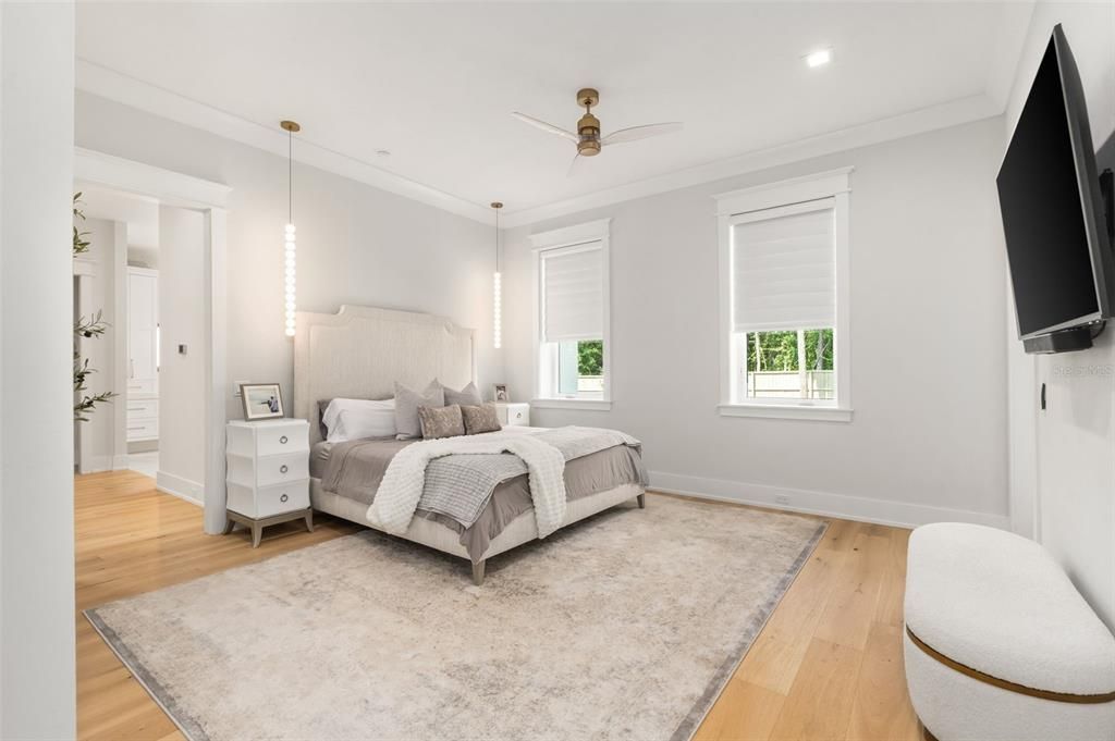 Bedroom, Interior, Pendant Lights, Recessed Lighting, Wood Texture Flooring
