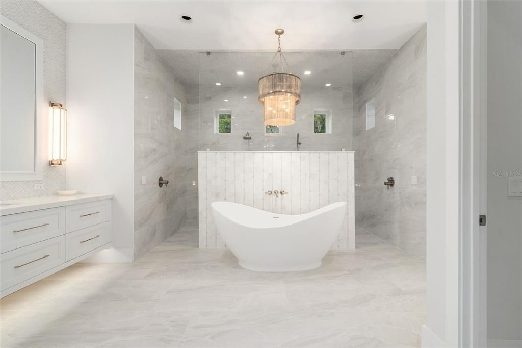 Bathroom, Chandelier, Free Standing Baths, Interior, Marble Walls, Recessed Lighting