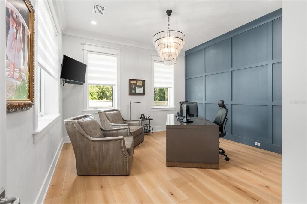 Chandelier, Home Office, Interior, Recessed Lighting, Wood Texture Flooring
