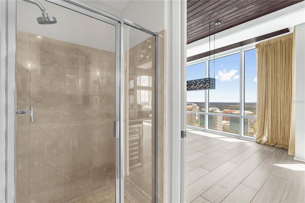 Bathroom, Glass Shower, Interior, Marble Walls, Pendant Lights, Wood Texture Flooring