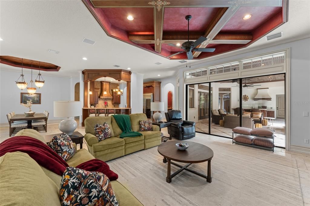 Dining room, Interior, Living room, Pendant Lights, Recessed Lighting, Wood Texture Flooring