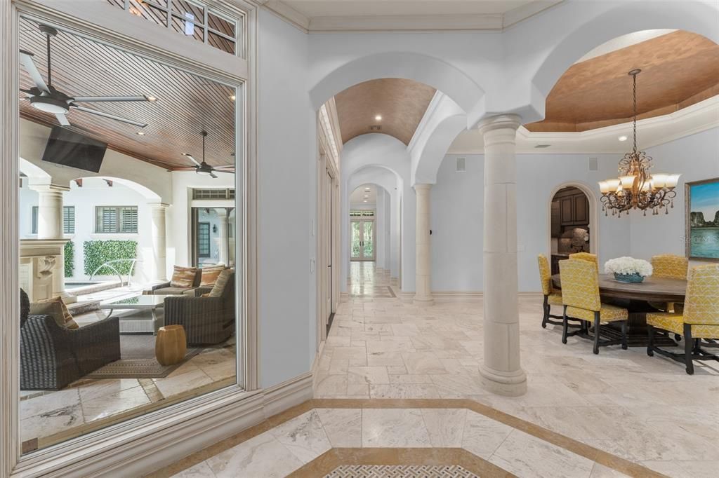 Chandelier, Dining room, Interior, Living room, Marble, Recessed Lighting