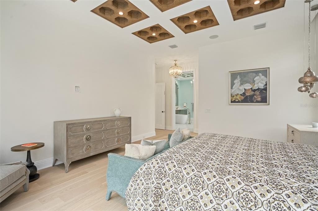 Bedroom, Chandelier, Interior, Pendant Lights, Recessed Lighting, Wood Texture Flooring
