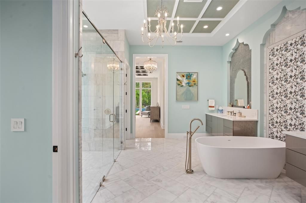 Bathroom, Chandelier, Free Standing Baths, Glass Shower, Interior, Marble, Recessed Lighting