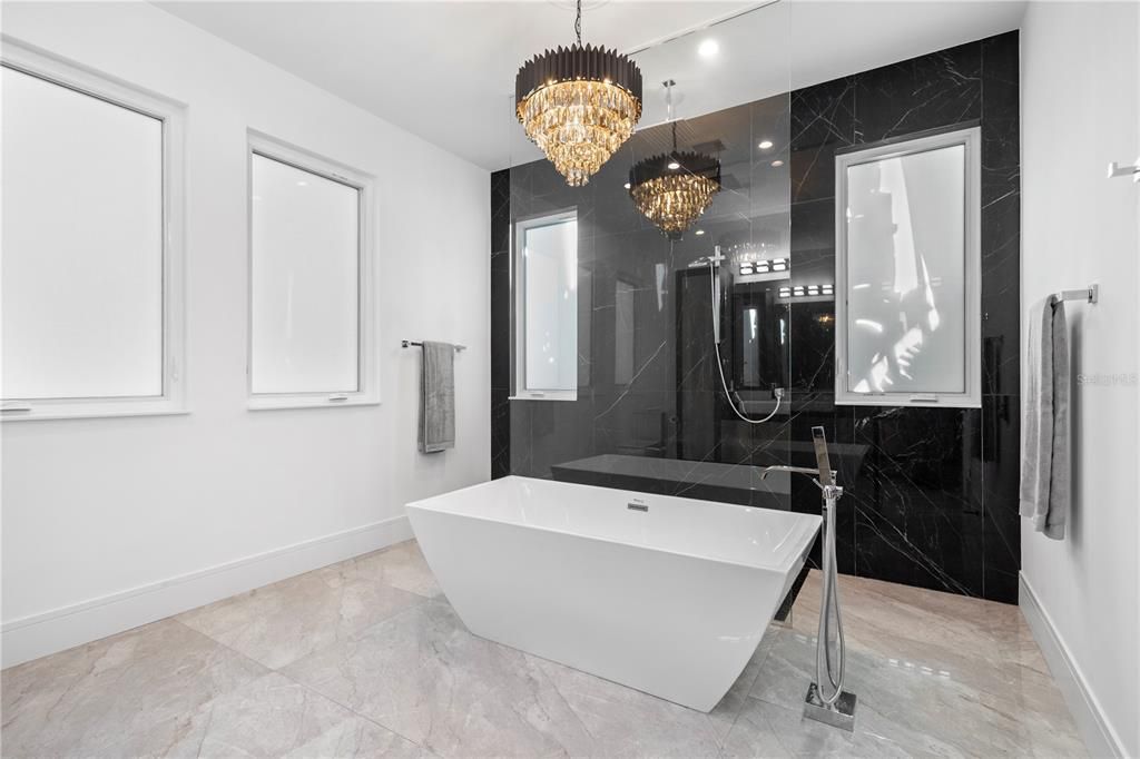 Bathroom, Chandelier, Free Standing Baths, Interior, Marble Walls, Recessed Lighting