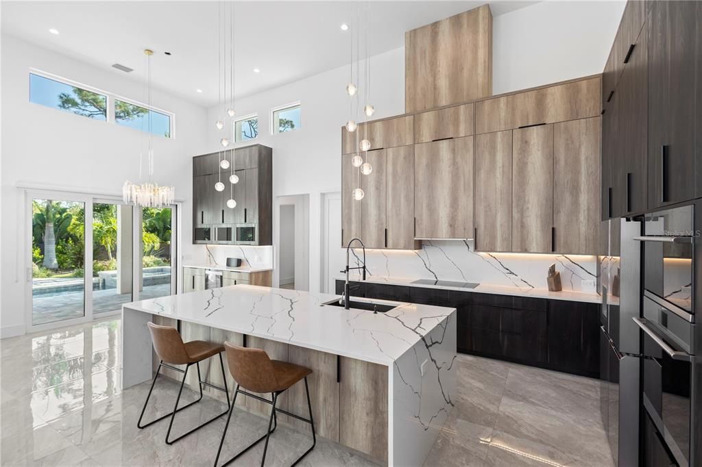 Interior, Kitchen, Marble, Marble Walls, Pendant Lights, Recessed Lighting