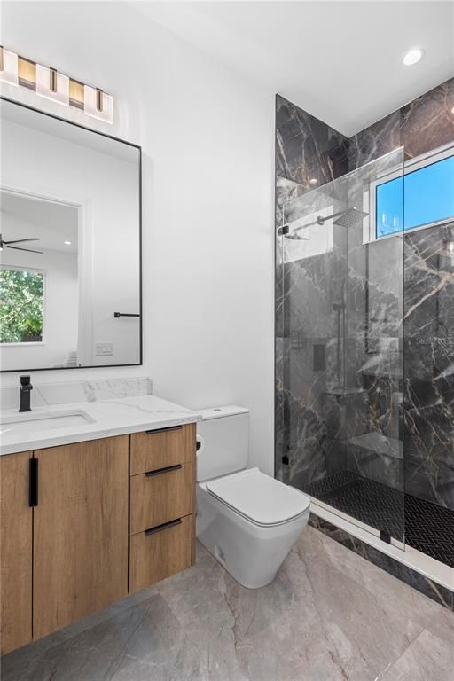 Bathroom, Glass Shower, Interior, Marble Walls, Recessed Lighting