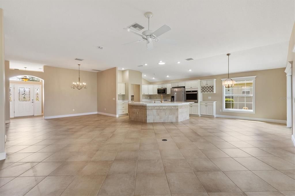 Chandelier, Empty room, Interior, Kitchen, Pendant Lights, Recessed Lighting, Stainless Steel Appliances