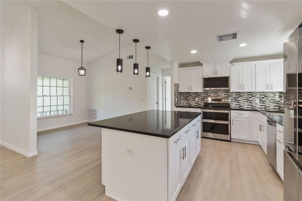 Interior, Kitchen, Pendant Lights, Recessed Lighting, Stainless Steel Appliances, Wood Texture Flooring