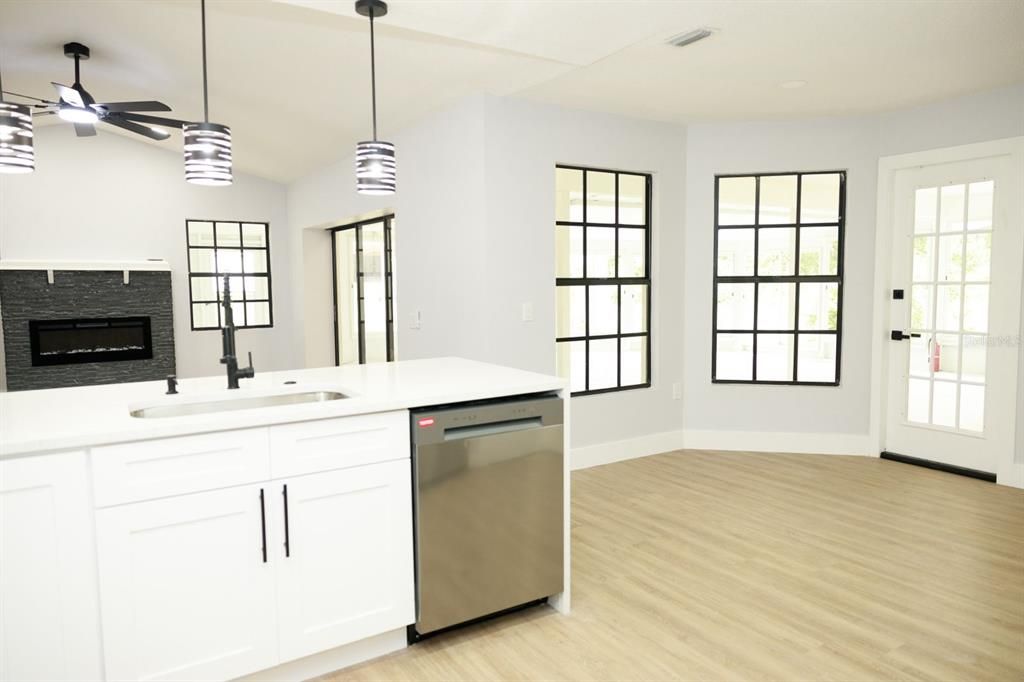 Fireplace, Interior, Kitchen, Pendant Lights, Wood Texture Flooring