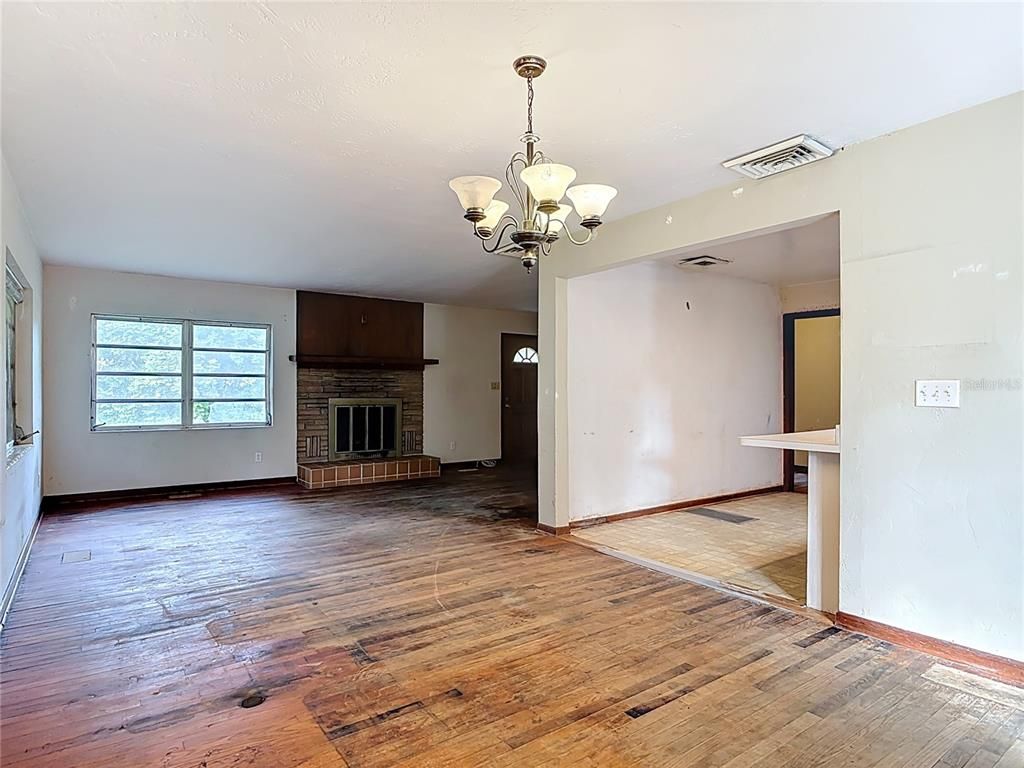 Chandelier, Empty room, Fireplace, Interior, Wood Texture Flooring