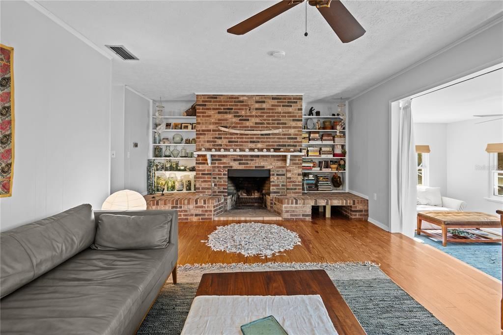 Fireplace, Interior, Living room, Stone Walls, Wood Texture Flooring
