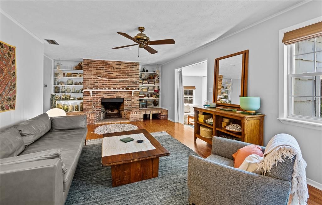 Fireplace, Interior, Living room, Stone Walls, Wood Texture Flooring