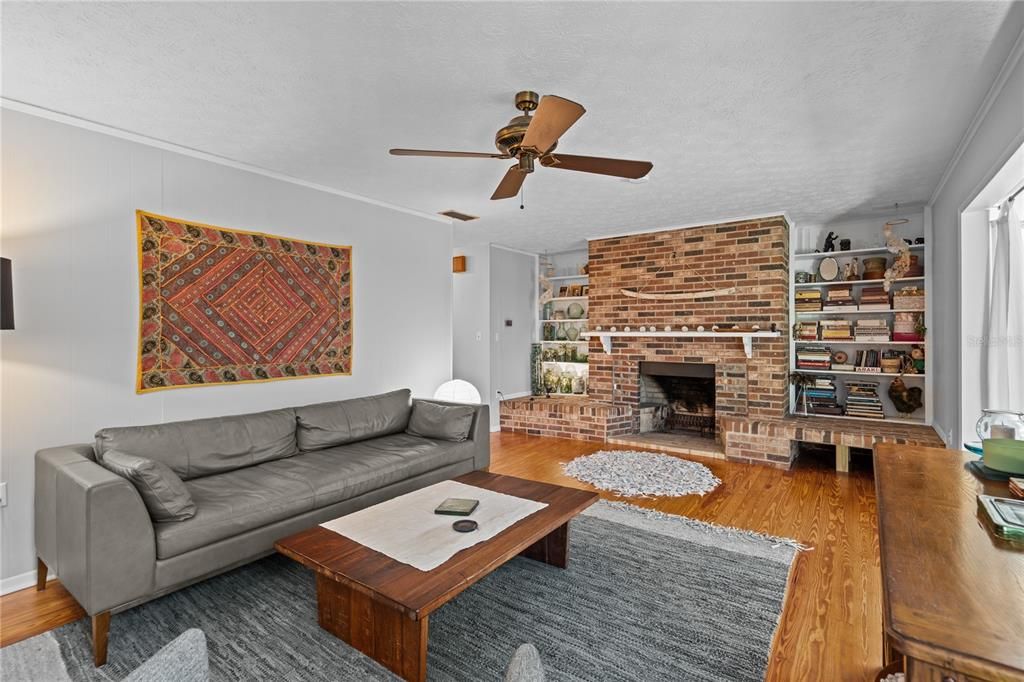 Fireplace, Interior, Living room, Stone Walls, Wood Texture Flooring