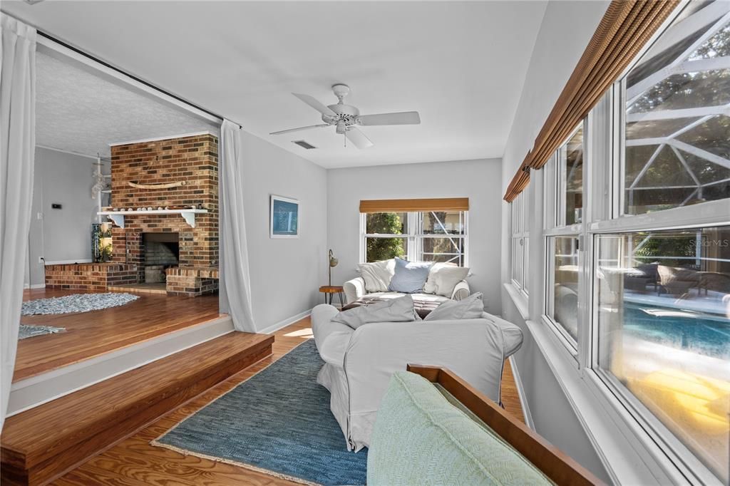 Fireplace, Interior, Living room, Stone Walls, Wood Texture Flooring