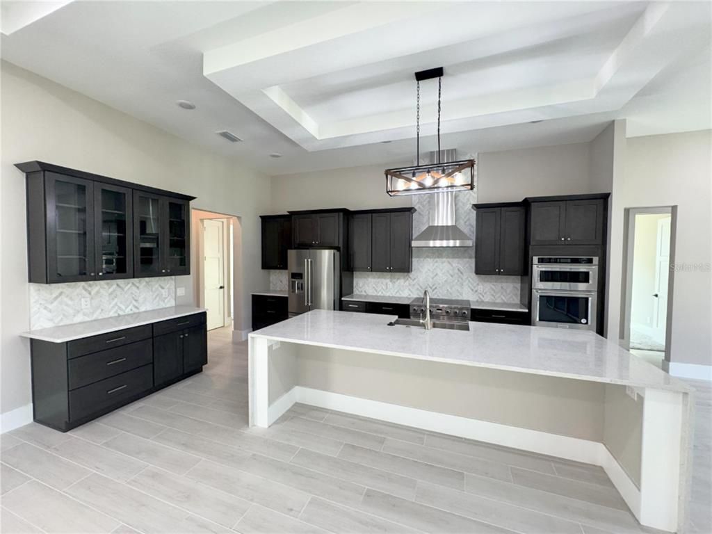 Chandelier, Interior, Kitchen, Pendant Lights, Stainless Steel Appliances, Wood Texture Flooring