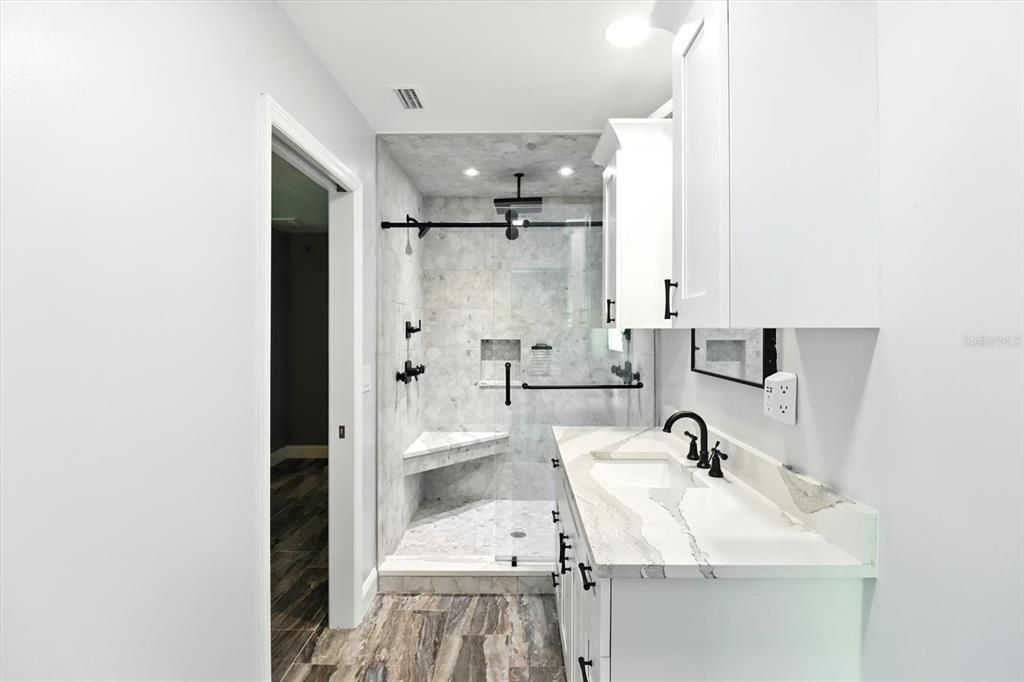 Bathroom, Glass Shower, Interior, Recessed Lighting, Wood Texture Flooring