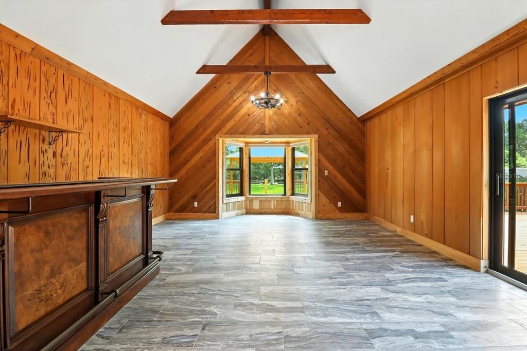 Empty room, Interior, Pendant Lights, Wooden Beams, Wood Texture Flooring, Wooden Walls