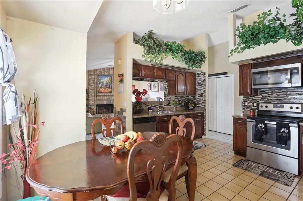 Dining room, Fireplace, Interior, Kitchen, Stone Walls