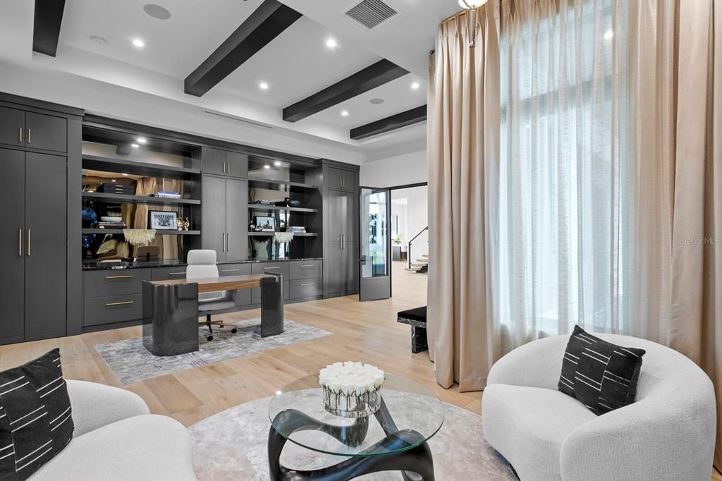 Home Office, Interior, Recessed Lighting, Wooden Beams, Wood Texture Flooring