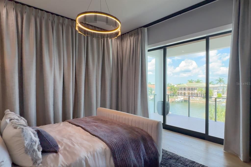 Bedroom, Interior, Pendant Lights, Water, Wood Texture Flooring