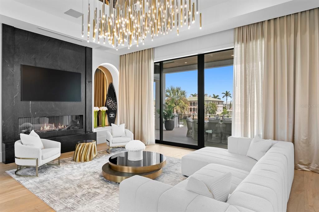 Fireplace, Interior, Living room, Pendant Lights, Wood Texture Flooring