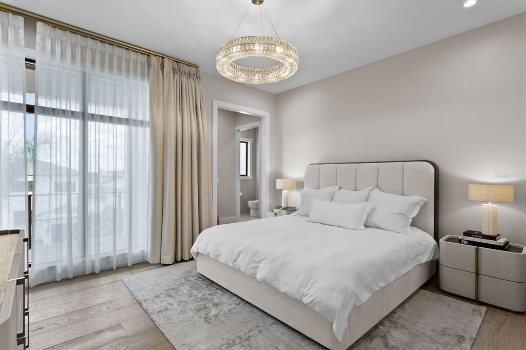 Bedroom, Interior, Pendant Lights, Recessed Lighting, Wood Texture Flooring