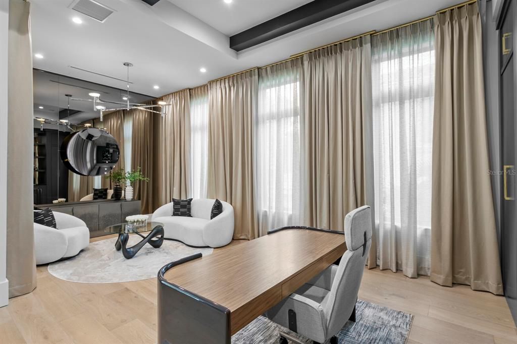 Dining room, Interior, Living room, Pendant Lights, Recessed Lighting, Wood Texture Flooring