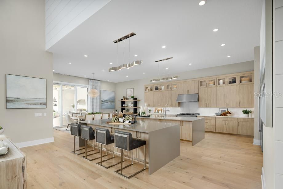 Dining room, Interior, Kitchen, Pendant Lights, Recessed Lighting, Stainless Steel Appliances, Wood Texture Flooring