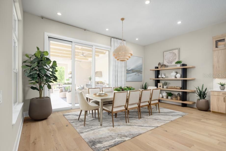 Chandelier, Dining room, Interior, Recessed Lighting, Wood Texture Flooring