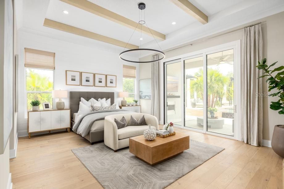 Bedroom, Interior, Pendant Lights, Recessed Lighting, Wood Texture Flooring