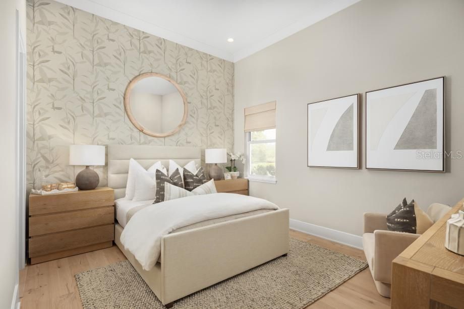 Bedroom, Interior, Recessed Lighting, Wood Texture Flooring