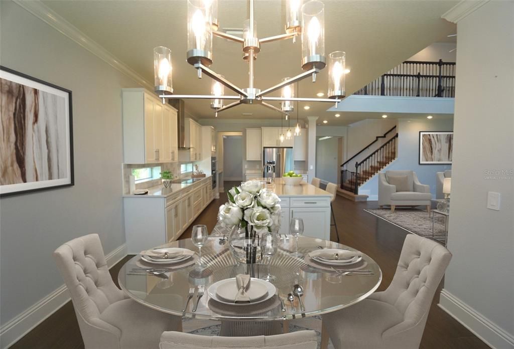Chandelier, Dining room, Interior, Kitchen, Living room, Pendant Lights, Recessed Lighting, Wood Texture Flooring