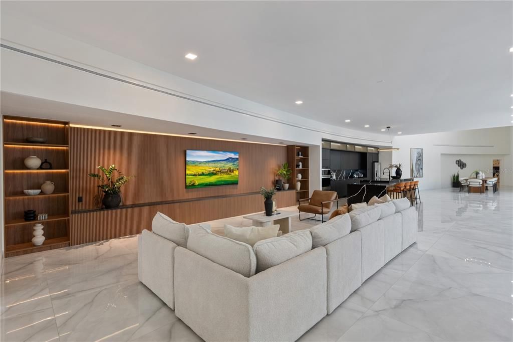 Interior, Kitchen, Living room, Marble, Pendant Lights, Recessed Lighting, Wooden Walls