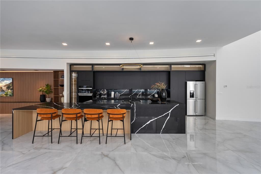 Interior, Kitchen, Marble, Pendant Lights, Recessed Lighting, Stainless Steel Appliances