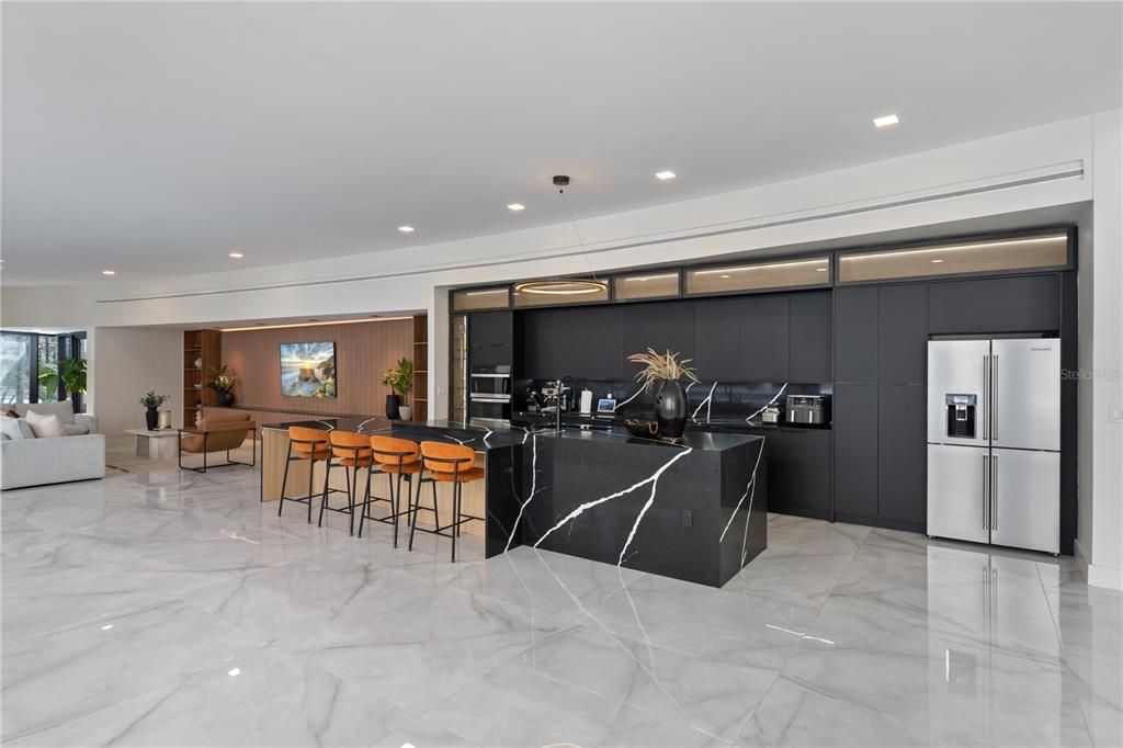 Interior, Kitchen, Living room, Marble, Pendant Lights, Recessed Lighting, Stainless Steel Appliances