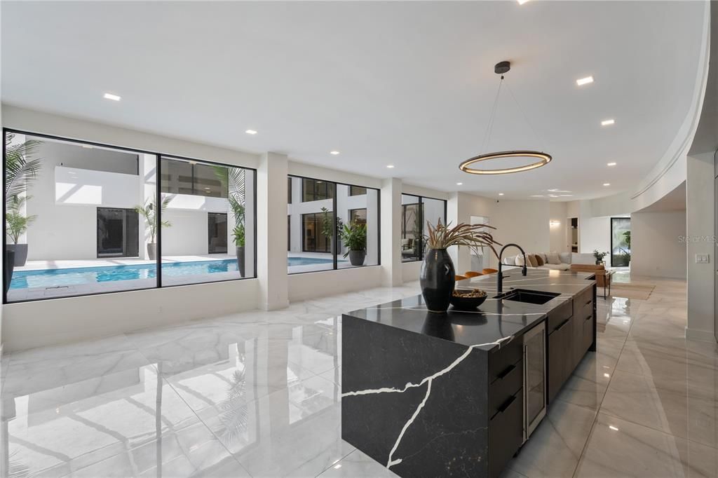Interior, Kitchen, Marble, Pendant Lights, Recessed Lighting