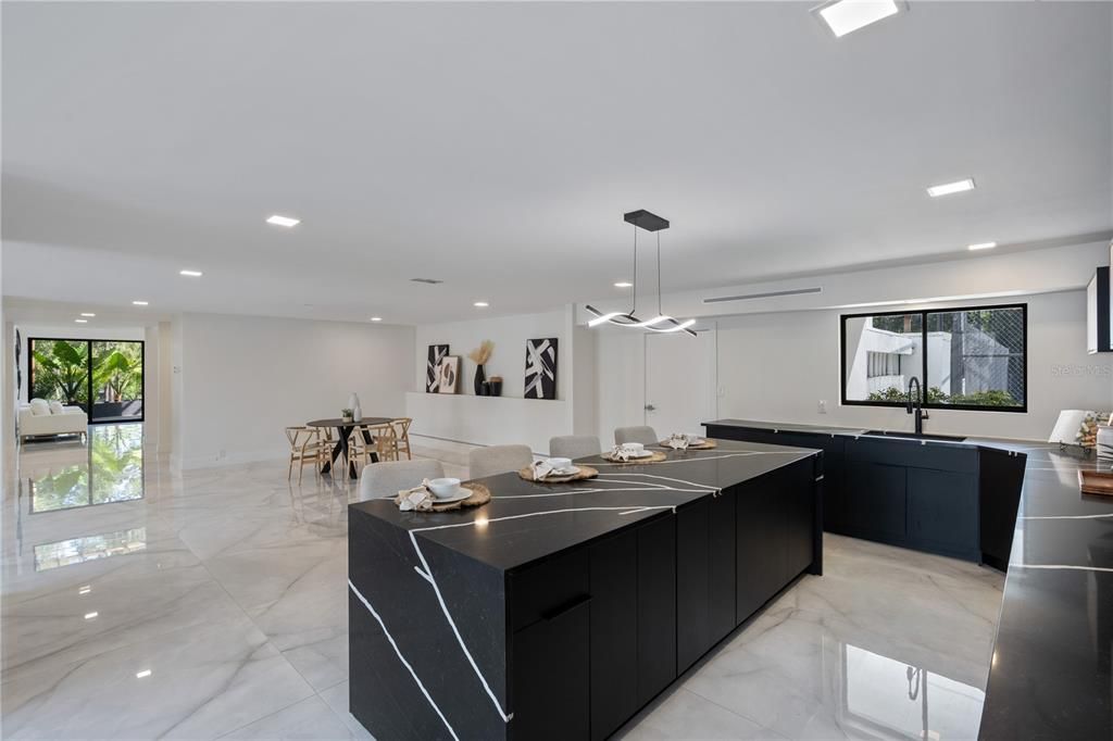 Dining room, Interior, Kitchen, Marble, Pendant Lights, Recessed Lighting